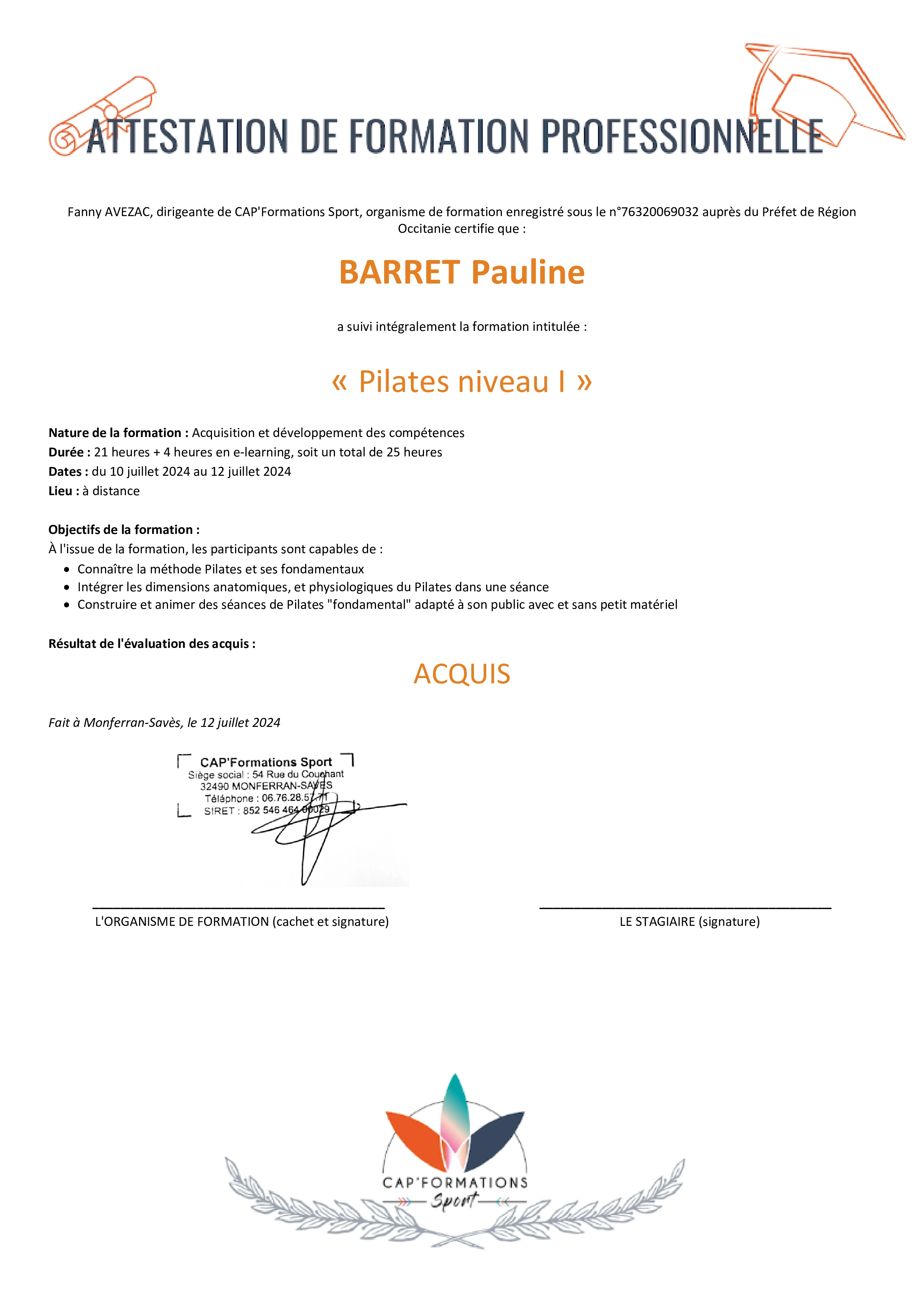 Formation Pilates Niveau 1 - Elan Sport Nature